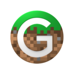 Rund ausgeschnittene Grasblock-Textur aus Minecraft. In der Mitte ein weißes, rundes G.