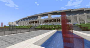 Eine weiße Arena, mit dem Namen "Event Arena"